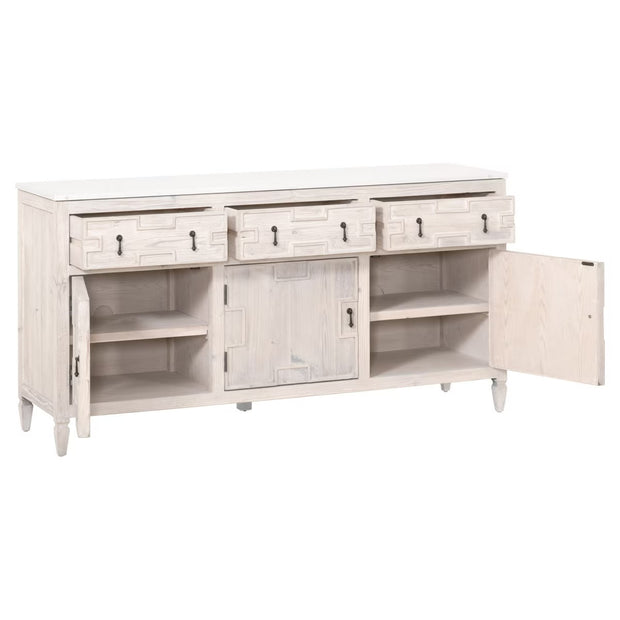 Essentials For Living Emerie White Wash Pine With White Quartz Media Sideboard