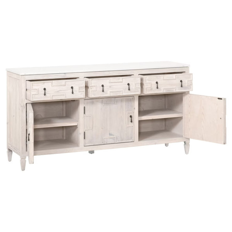 Essentials For Living Emerie White Wash Pine With White Quartz Media Sideboard