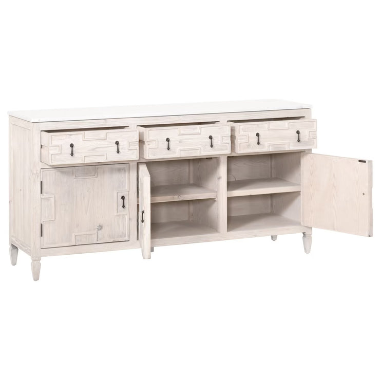 Essentials For Living Emerie White Wash Pine With White Quartz Media Sideboard