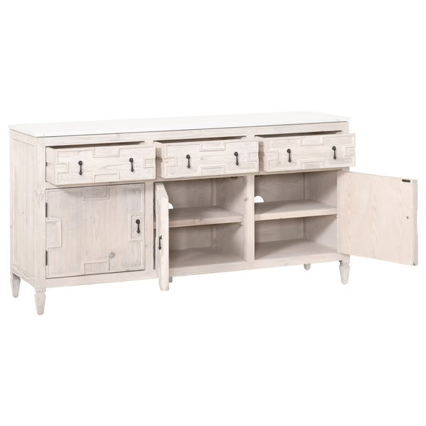 Essentials For Living Emerie White Wash Pine With White Quartz Media Sideboard