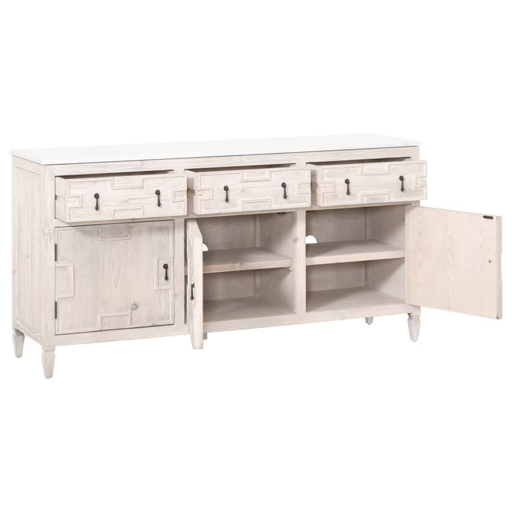 Essentials For Living Emerie White Wash Pine With White Quartz Media Sideboard