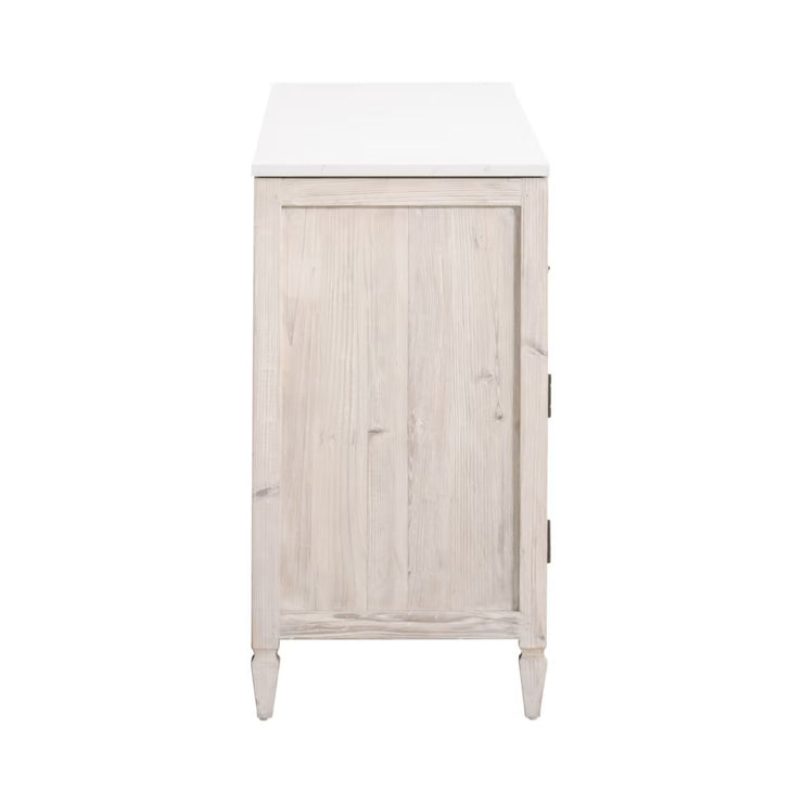 Essentials For Living Emerie White Wash Pine With White Quartz Media Sideboard