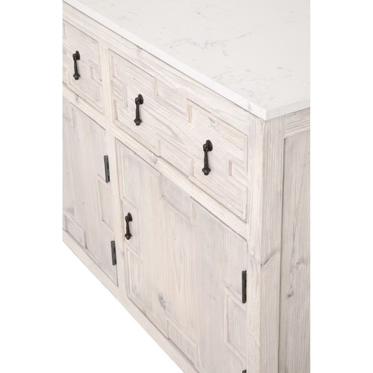 Essentials For Living Emerie White Wash Pine With White Quartz Media Sideboard