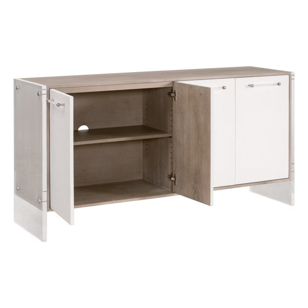 Essentials For Living Lorin Shagreen Pearl Shagreen, Natural Gray Acacia, Lucite With Brushed Silver Media Sideboard