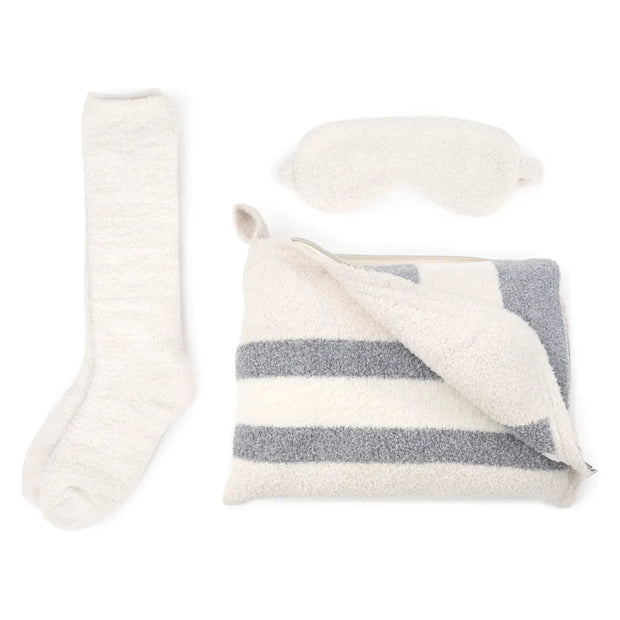 Kashwere Ultra Plush Champagne and Ivory Rugby Stripe Travel Blanket, Pouch, Eye Mask and Spa Socks Set