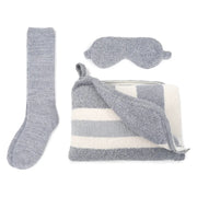 Kashwere Ultra Plush Fog and Nickel Rugby Stripe Travel Blanket, Pouch, Eye Mask and Spa Socks Set
