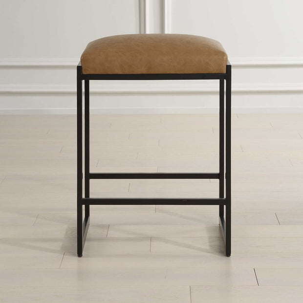 Uttermost Atticus Counter Stool ~ Camel Faux Leather Cushioned Seat
