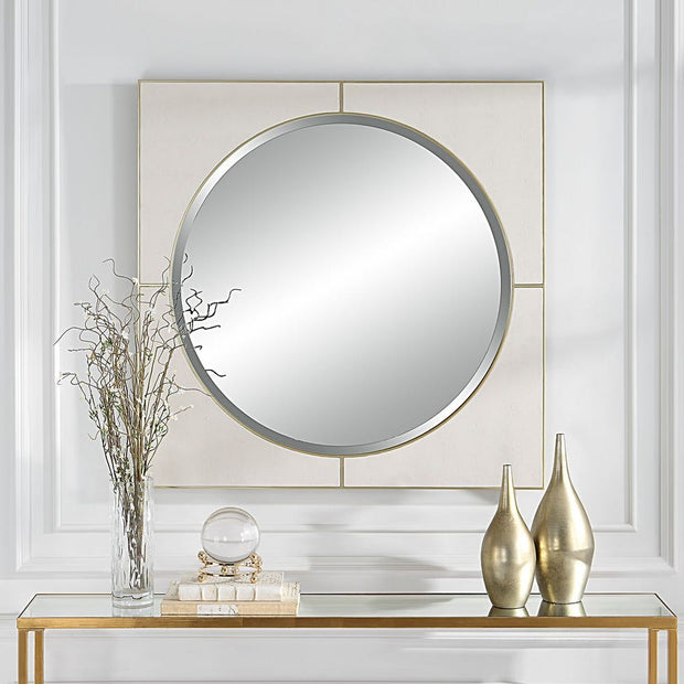 Uttermost Cyprus White Faux Shagreen Leather Wrapped Square Mirror