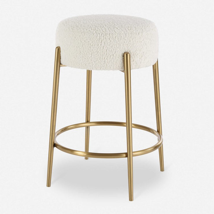 Uttermost Arles White Faux Shearling Seat Counter Stool With Brushed Brass Base