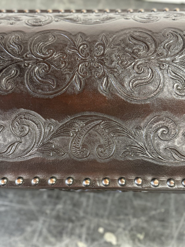 Casa Bonita Peruvian Hand-Carved Wood and Hand-Tooled Leather Turin Leather Bench