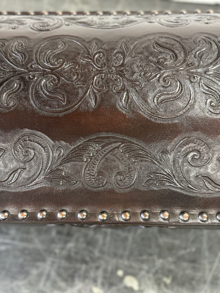 Casa Bonita Peruvian Hand-Carved Wood and Hand-Tooled Leather Turin Leather Bench