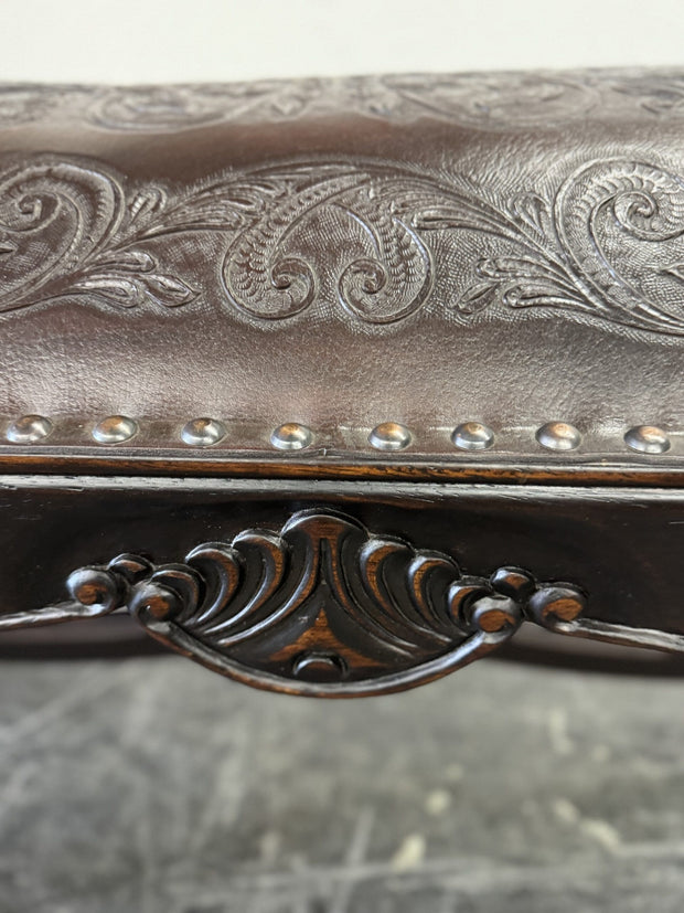 Casa Bonita Peruvian Hand-Carved Wood and Hand-Tooled Leather Turin Leather Bench