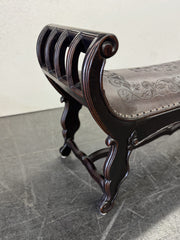 Casa Bonita Peruvian Hand-Carved Wood and Hand-Tooled Leather Turin Leather Bench