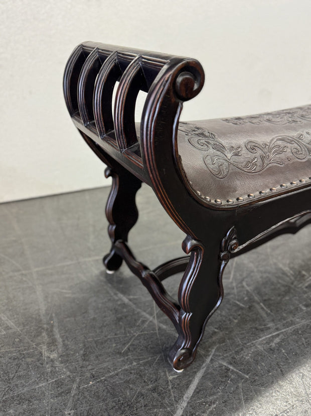 Casa Bonita Peruvian Hand-Carved Wood and Hand-Tooled Leather Turin Leather Bench
