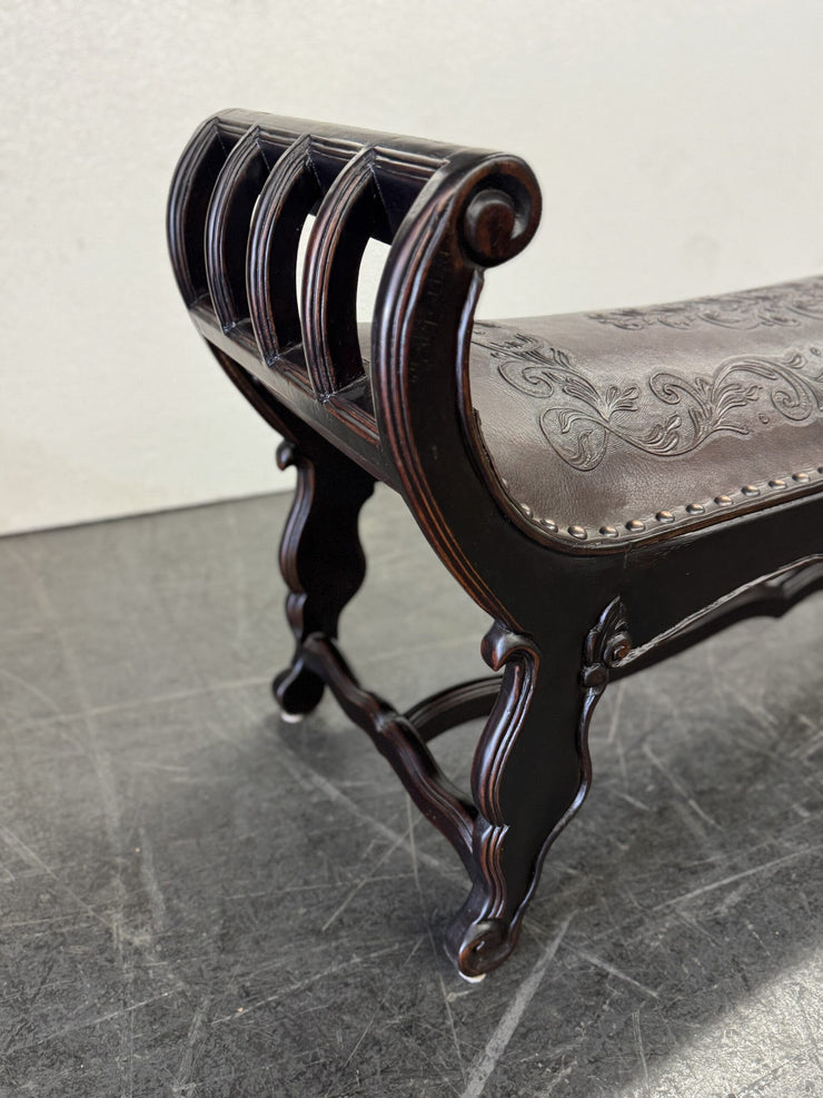 Casa Bonita Peruvian Hand-Carved Wood and Hand-Tooled Leather Turin Leather Bench