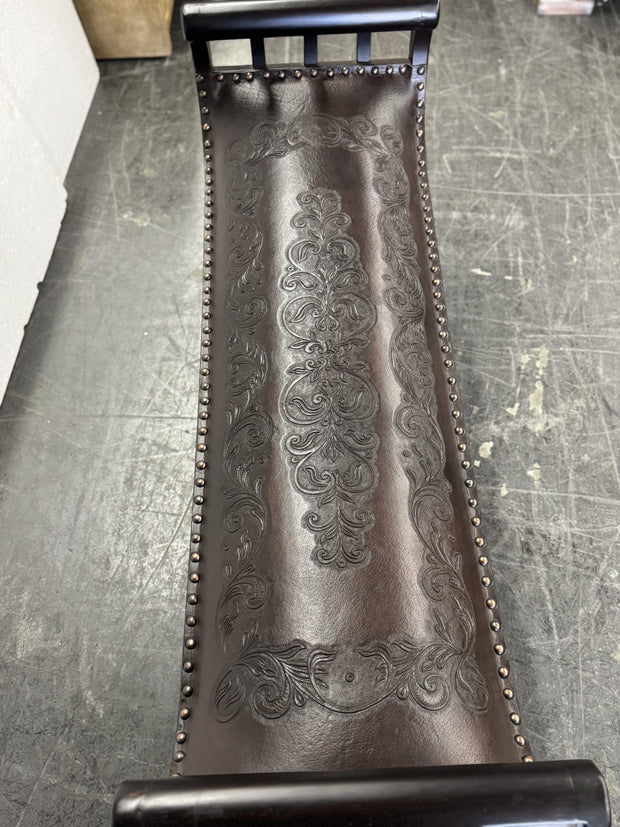 Casa Bonita Peruvian Hand-Carved Wood and Hand-Tooled Leather Turin Leather Bench