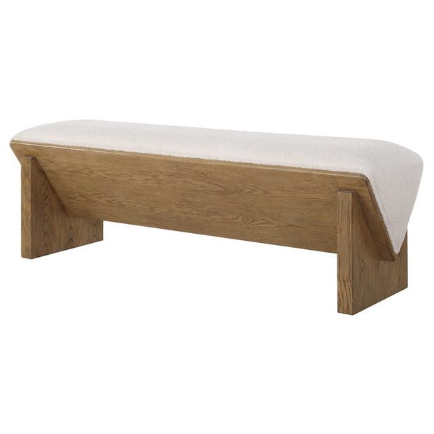 Uttermost Wedged Ivory Faux Sheepskin Cushioned Seat Oak Wood Bench