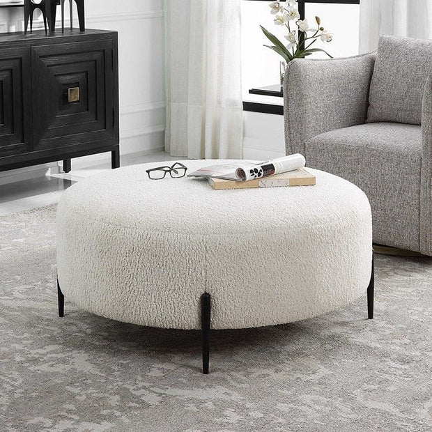 Uttermost Arles White Faux Shearling Large Round Ottoman