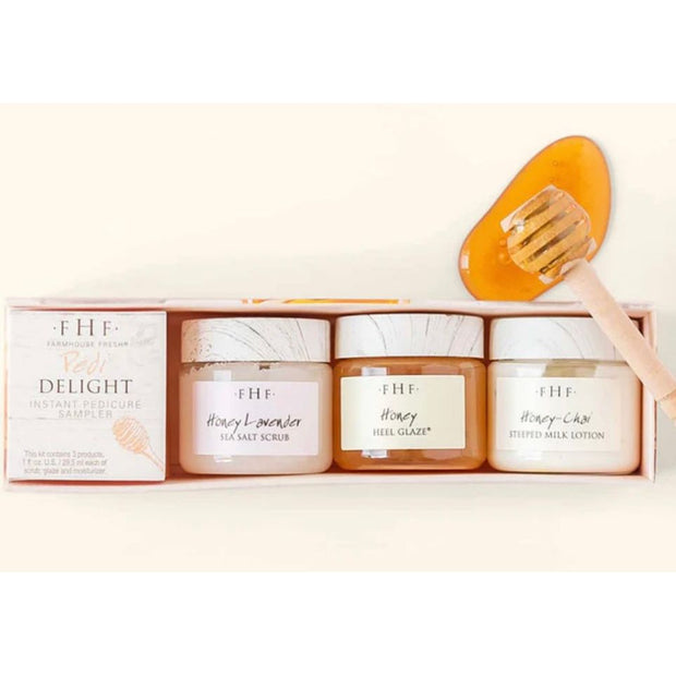 Farmhouse Fresh Pedi Delight Instant Pedicure Sampler Boxed Gift Set ~ Honey Heel Glaze, Sea Salt Scrub and Lotion