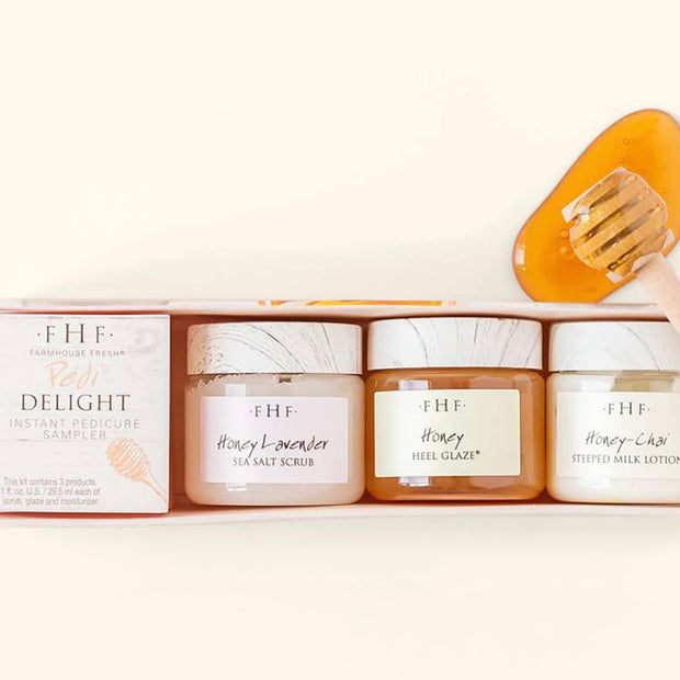 Farmhouse Fresh Velvet Slippers Limited Edition Gift Set ~ Pedi Delight Sampler, Honey Chai Lotion and Cosmetic Bag