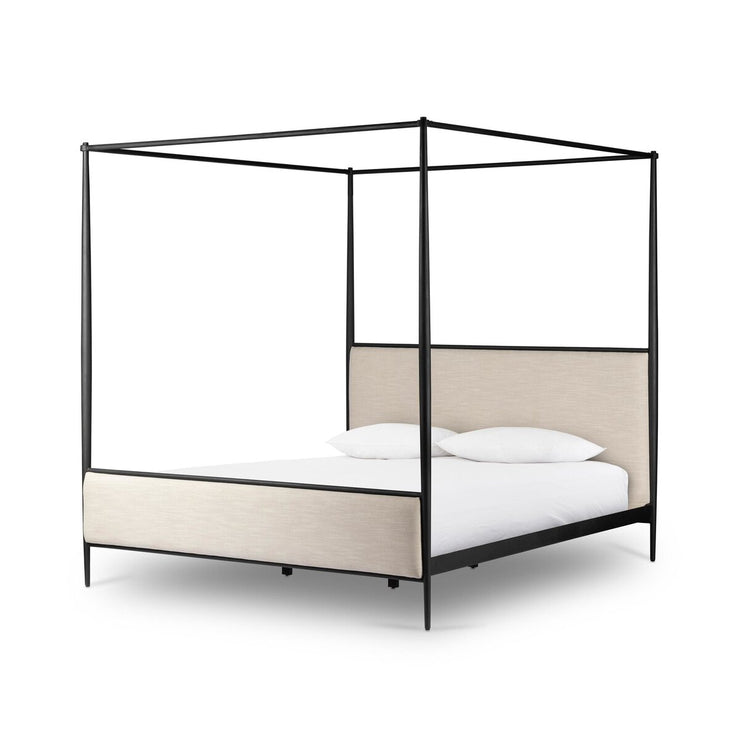 Four Hands Xander Iron Canopy Bed ~ Savoy Parchment Cream Upholstered Queen Size Bed