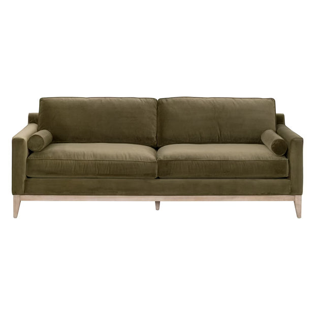 Essentials For Living Parker 86” Post Modern Sofa ~ Olive Velvet With Natural Gray Oak
