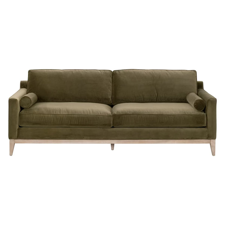 Essentials For Living Parker 86” Post Modern Sofa ~ Olive Velvet With Natural Gray Oak