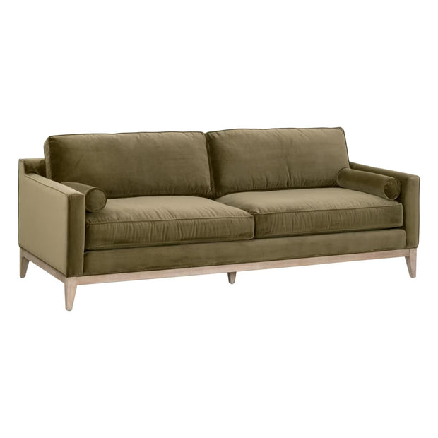 Essentials For Living Parker 86” Post Modern Sofa ~ Olive Velvet With Natural Gray Oak