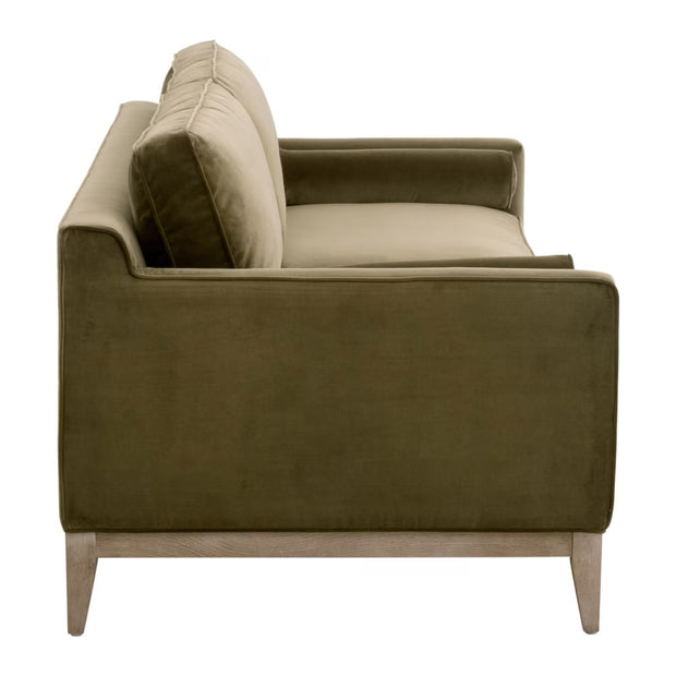 Essentials For Living Parker 86” Post Modern Sofa ~ Olive Velvet With Natural Gray Oak