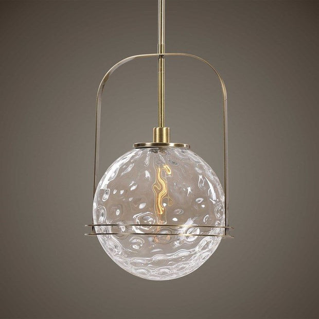 Uttermost Mimas Watered Glass Sphere with Antique Brass Accents Pendant Light