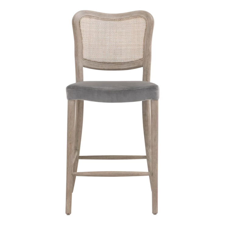 Essentials For Living Cela Counter Stool ~ Performance Dark Dove Velvet With Natural Gray Oak & Natural Gray Cane Frame