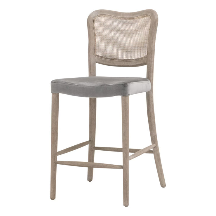Essentials For Living Cela Counter Stool ~ Performance Dark Dove Velvet With Natural Gray Oak & Natural Gray Cane Frame