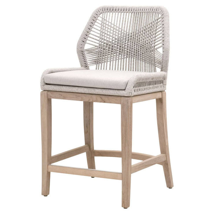 Essentials For Living Loom BarStool ~ Taupe & White Flat Rope, Performance Pumice With Gray Teak Frame