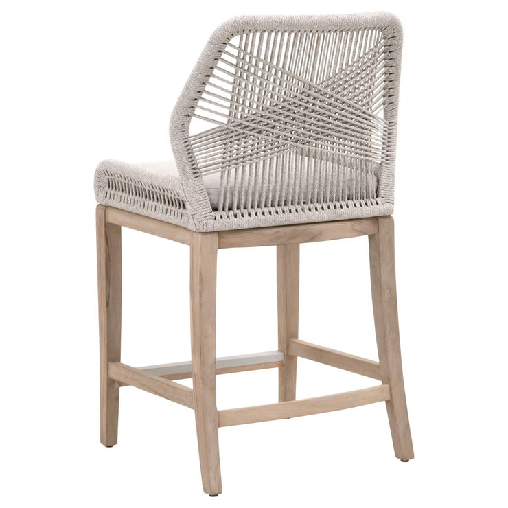 Essentials For Living Loom BarStool ~ Taupe & White Flat Rope, Performance Pumice With Gray Teak Frame