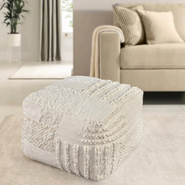 Anaya Home White Boucle Patchwork Handwoven Pouf