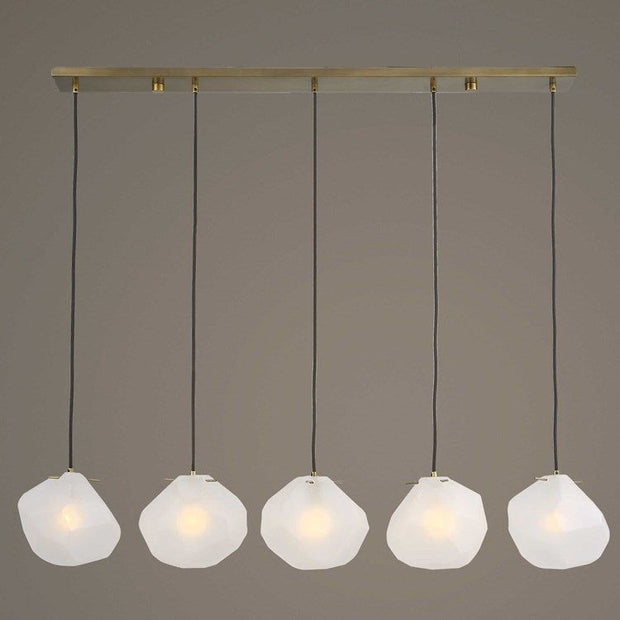 Uttermost Geodesic Frosted Geometric Shaped Glass With Matte Antique Brass Finish Linear 5 Light Pendant