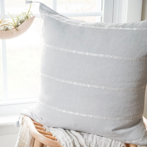 Anaya Home So Soft Linen Light Grey & White Embroidered Pillow 20x20 With Down Insert