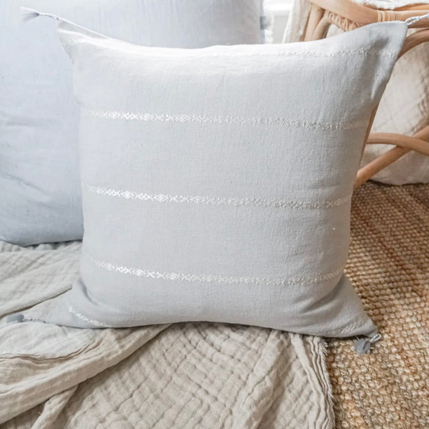 Anaya Home So Soft Linen Light Grey & White Embroidered Pillow 20x20 With Down Insert