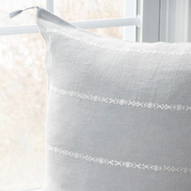 Anaya Home So Soft Linen Light Grey & White Embroidered Pillow 20x20 With Down Insert