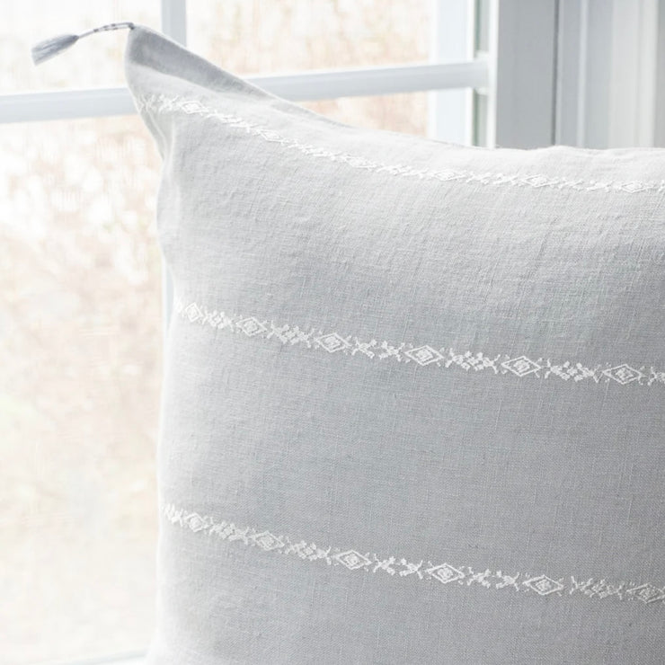 Anaya Home So Soft Linen Light Grey & White Embroidered Pillow 20x20 With Down Insert