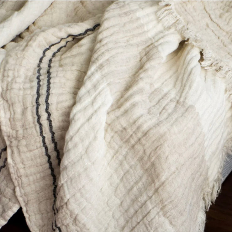 Anaya Home Crinkled Luxe Linen Stripe Throw ~ Ivory with Black Stripes