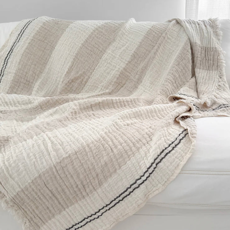 Anaya Home Crinkled Luxe Linen Stripe Throw ~ Ivory with Black Stripes