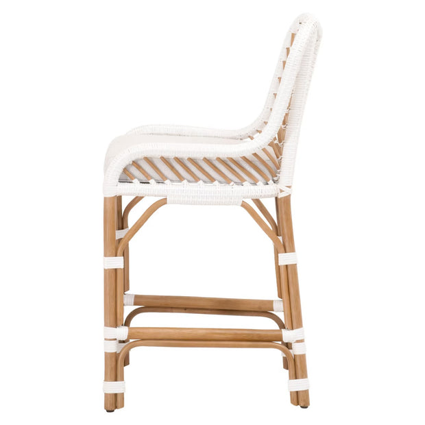 Essentials For Living Laguna Counter Stool ~ White Synthetic Binding, Performance White Speckle With Natural Rattan Frame