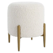 Uttermost Arles White Faux Shearling Round Ottoman with Brushed Brass Metal Legs