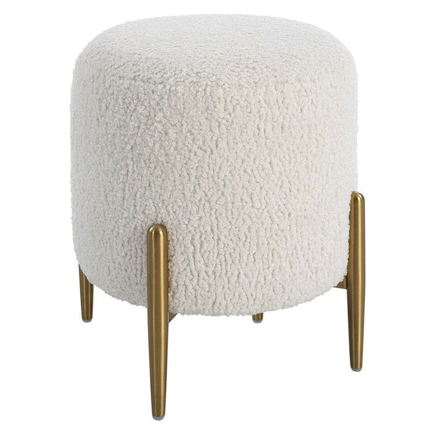 Uttermost Arles White Faux Shearling Round Ottoman with Brushed Brass Metal Legs