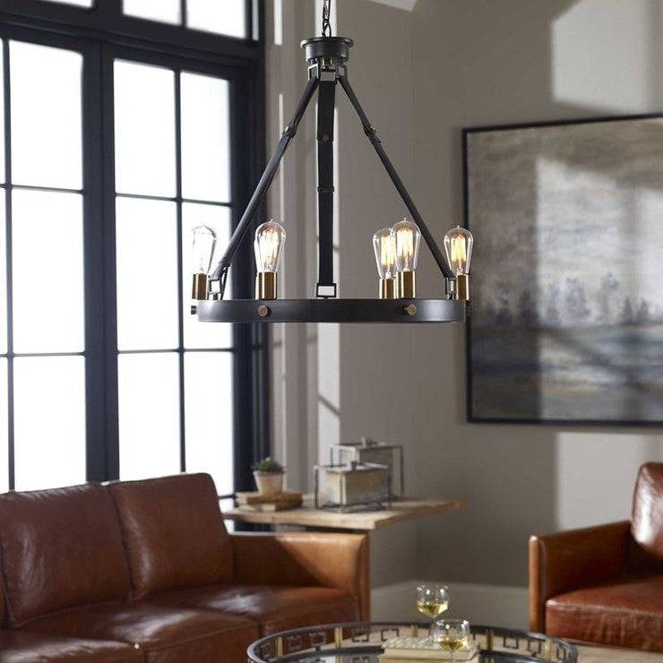 Uttermost Marlow Dark Antique and Weathered Bronze with Leather Straps 6 Light Round Chandelier