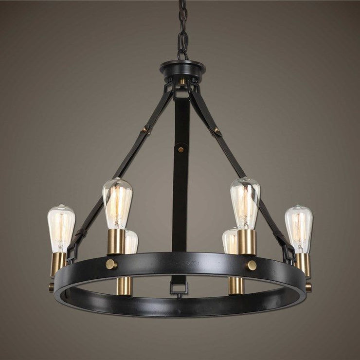 Uttermost Marlow Dark Antique and Weathered Bronze with Leather Straps 6 Light Round Chandelier