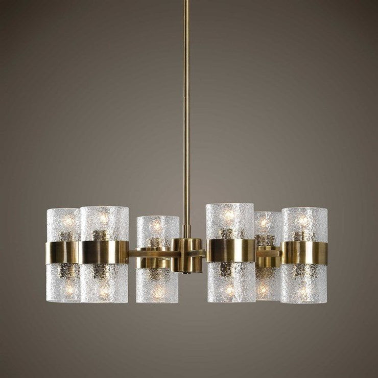 Uttermost Marinot Textured Glass Cylinder Shades with Antique Brass Finish 12 Light Chandelier