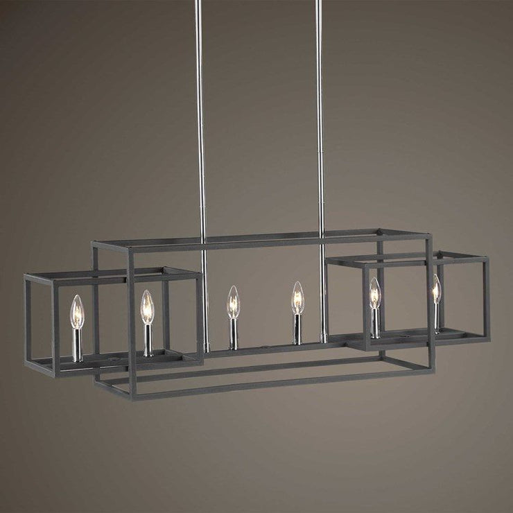 Uttermost Quadrangle Textured Black Finish With Polished Nickel Accents 6 Light Linear Chandelier