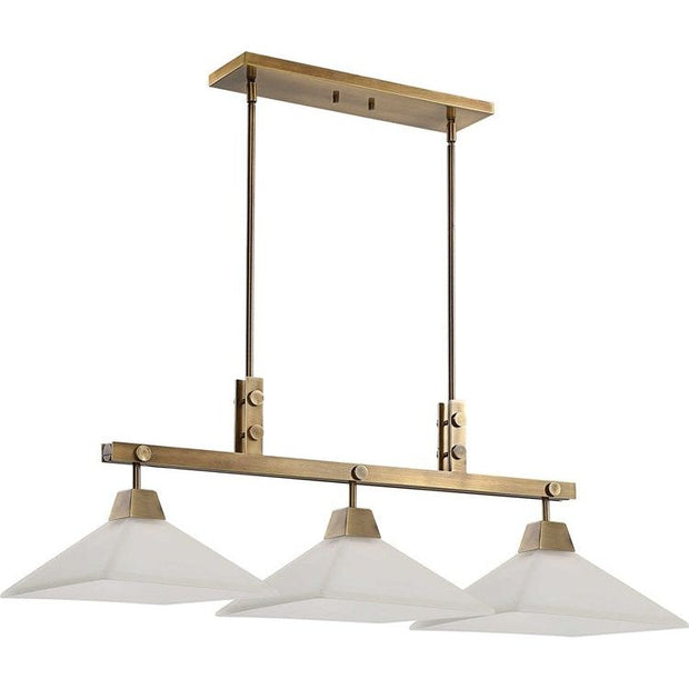 Uttermost Brookdale White Frosted Glass Shades with Aged Brass Finish 3 Light Linear Chandelier